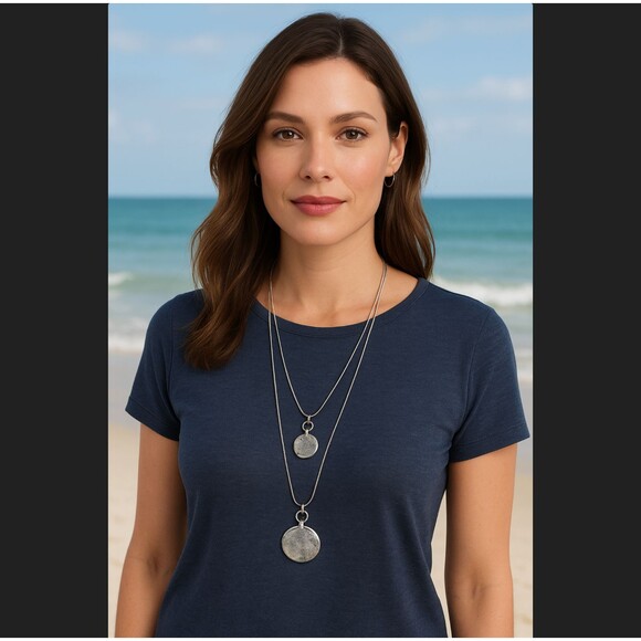 J. Jill Multi Strand Double Circle Hammered Pendant Necklace Silver Adjustable - Picture 1 of 9